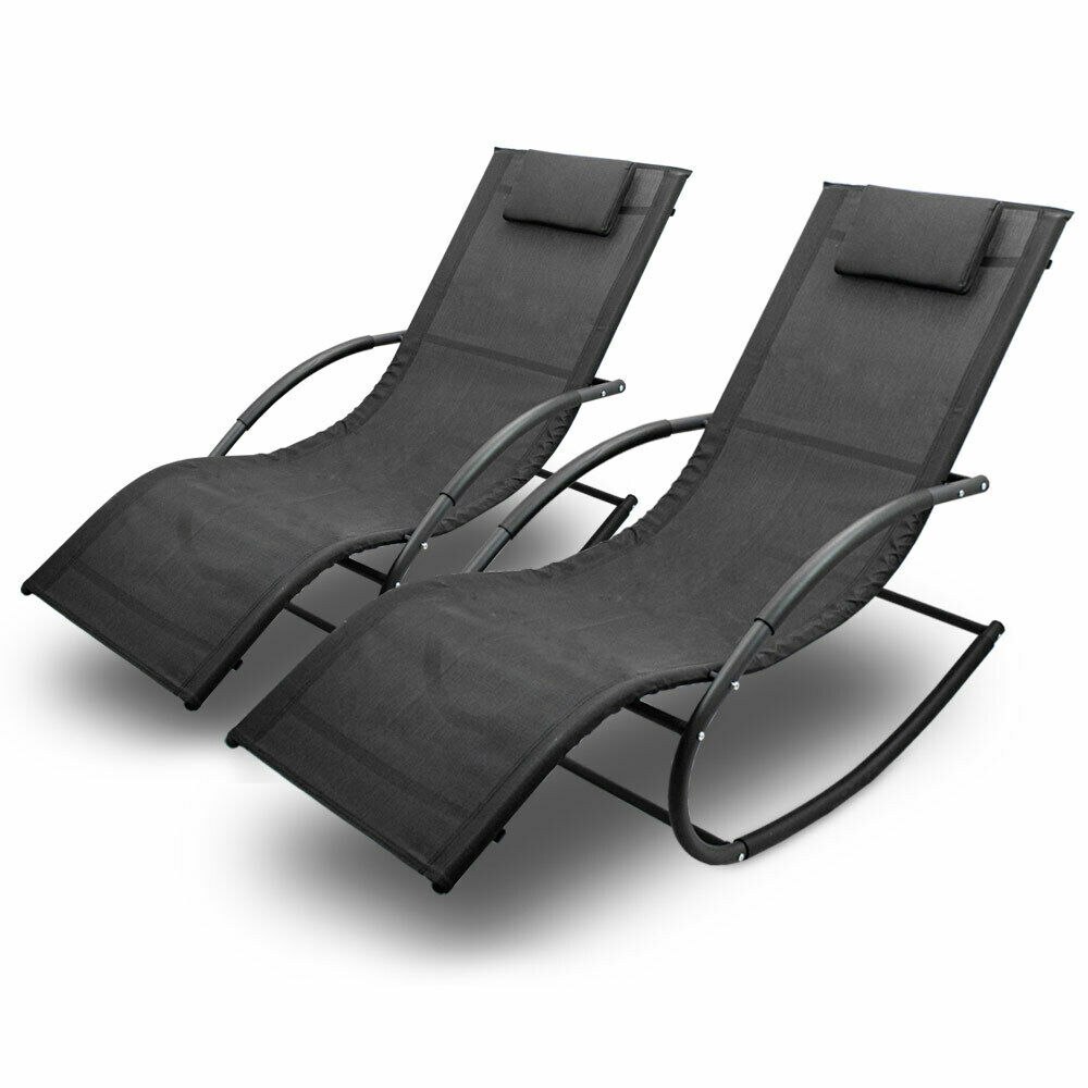 CZARNE MATERIAŁOWE LEŻAKI OGRODOWE 2 SZTUKI BUJANE FOTELE OGRODOWE CZARNE MATERIAŁOWE LEŻAKI OGRODOWE 2 SZTUKI BUJANE FOTELE OGRODOWE