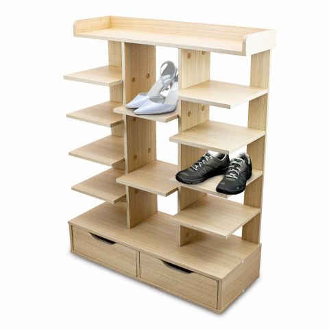Szafka na buty stojak na buty z 13 przegrodami 2 szuflady półka MDF jasnobrązowa Szafka na buty stojak na buty z 13 przegrodami 2 szuflady półka MDF jasnobrązowa