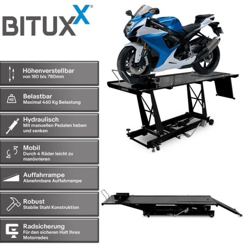 Hydrauliczny podnośnik motocyklowy Bituxx 460 kg czarny, centralny