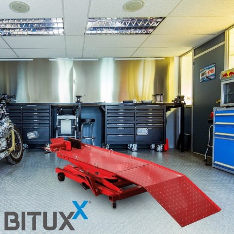 Hydrauliczny podnośnik nożycowy 360 kg do motocykli z rampą najazdową i blokadą koła