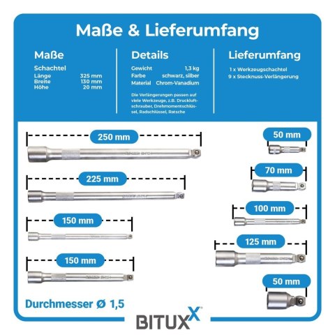 Komplet przedłużek do kluczy nasadowych 1/4 3/8 1/2 cala - 9 sztuk w praktycznym etui