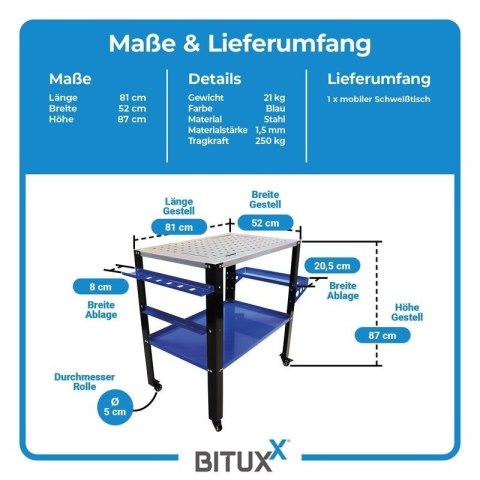 Profesjonalny stół warsztatowy/spawalniczy BITUXX na kółkach o nośności 250 kg - mobilny roboczy do spawania i montażu