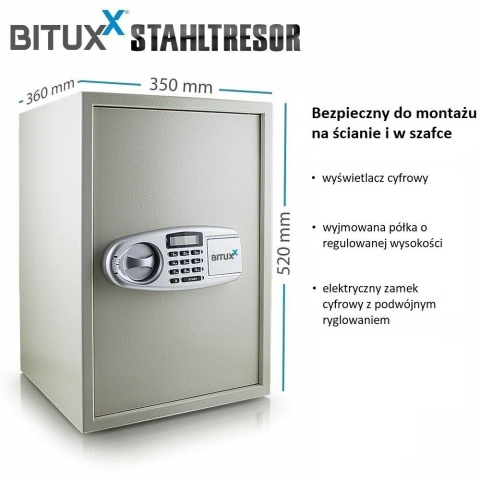 Sejf biurowy elektroniczny na kod + kluczyki na szyfr 35x52cm duży naścienny