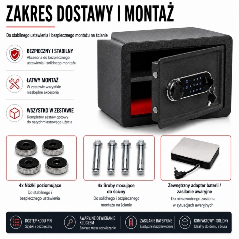 Bituxx sejf elektroniczny 25L z PIN i kluczem skrytka na dokumenty ścienny