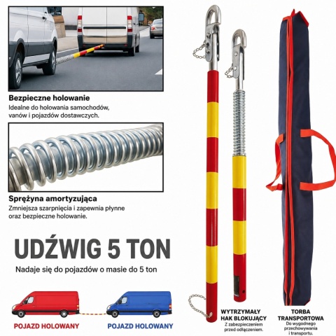 Drążek holowniczy, linka holownicza z amortyzacją do samochodów osobowych — do 5000 kg, z torbą transportową Sztywny Hol