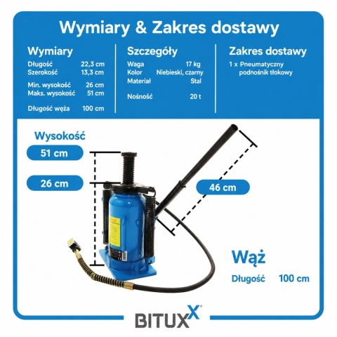 Podnośnik Słupkowy do 20T Hydrauliczno-Pneumatyczny Bituxx 17-51cm Mocny