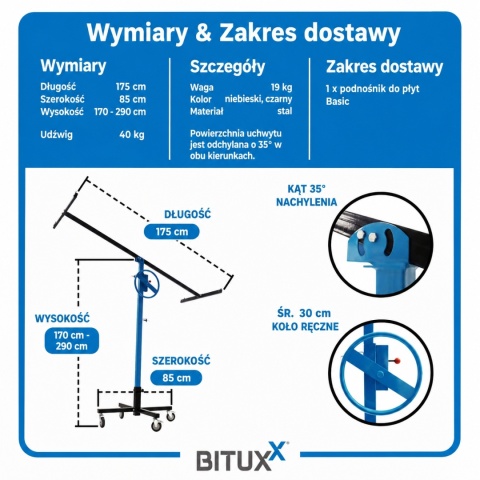 Podnośnik do płyt gipsowych i dachowych Biuuux udżwig do 75kg