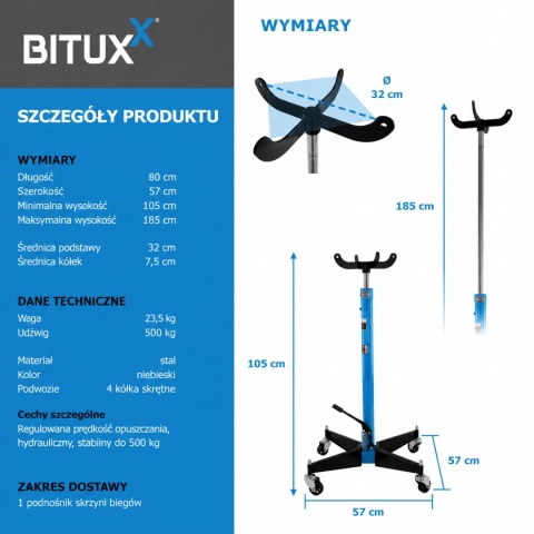 Podnośnik stojak do silników i skrzynie biegów do 500kg 105-185cm Niebieski