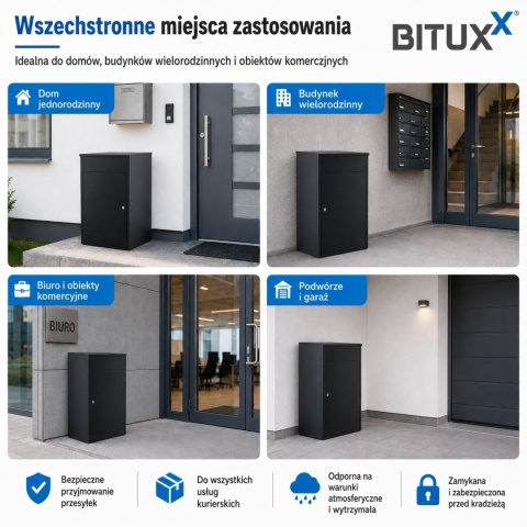Skrzynka na paczki BITUX 90L stalowa zamykana czarna wodoodporna 53x41x76,5