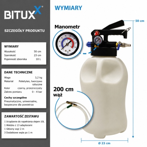 BITUXX uniwersalny 10 L pneumatyczny przyrząd do nalewania oleju przekładniowego - pompa napełniająca do wlewania oleju