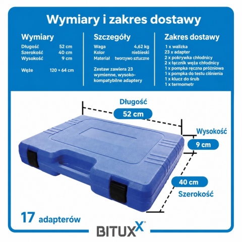 Bituxx 34‑częściowy tester układu chłodzenia - ciśnieniowy test szczelności i napełnianie chłodnicy
