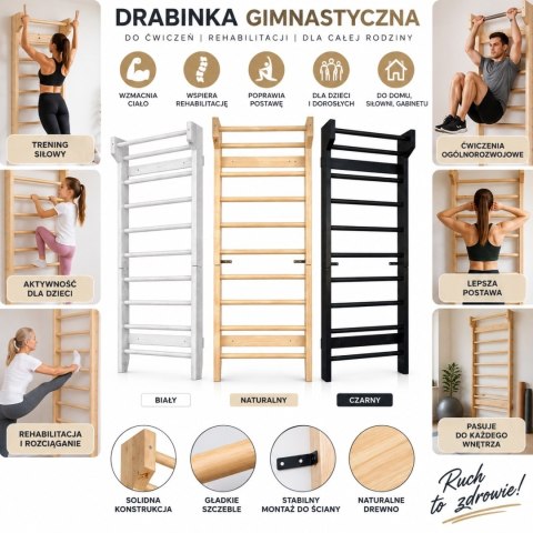 Drewniana drabinka gimnastyczna 195 × 80 cm do ćwiczeń i rehabilitacji – drabinka ścienna do domowej siłowni