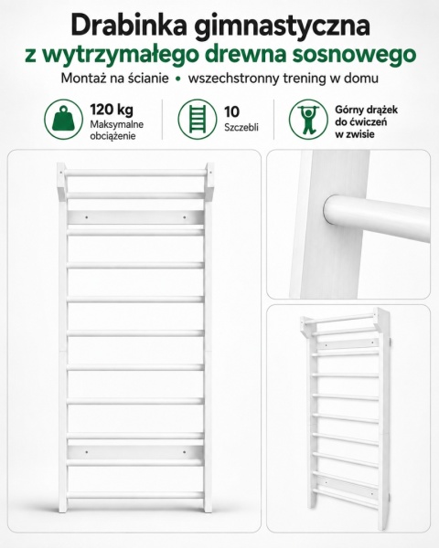 Drabinka gimnastyczna drewniana biała 195cm rehabilitacyjna