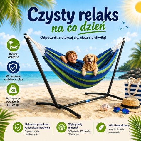 Granatowy Hamak huśtawka na stelażu Rama do ogrodu stabilny wygodny