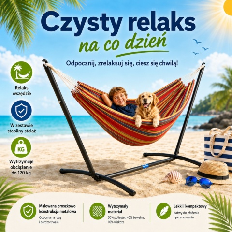 Hamak na taras do ogrodu na stelażu metalowy stojak w paski Zewnętrzny