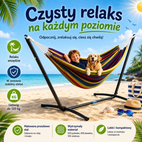 Hamak ogrodowy na metalowym stelażu mocny 270x110cm do 120kg