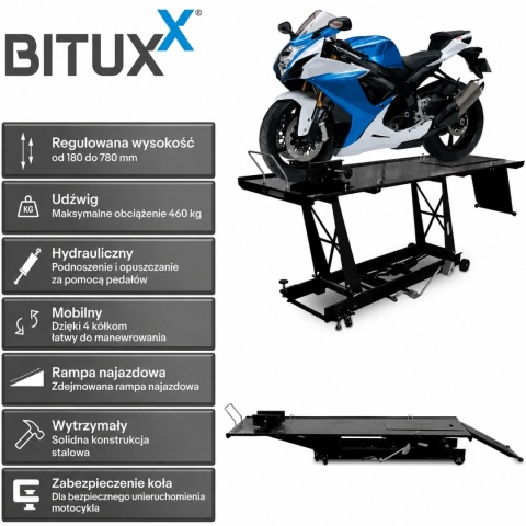 Hydrauliczny podnośnik motocyklowy Bituxx 460 kg czarny, centralny
