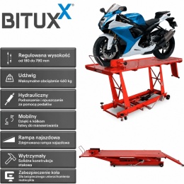Hydrauliczny podnośnik motocyklowy Bituxx 460 kg czerwony, rampa serwisowa