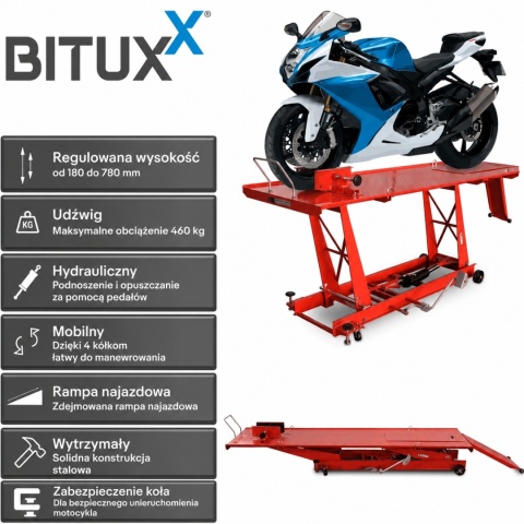 Hydrauliczny podnośnik motocyklowy Bituxx 460 kg czerwony, rampa serwisowa