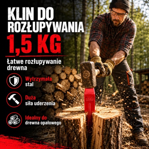 Klin do drewna rozłupujący 1,5kg mocny wytrzymały ze stali Czerwony