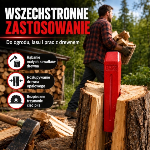 Klin do drewna rozłupujący 1,5kg mocny wytrzymały ze stali Czerwony