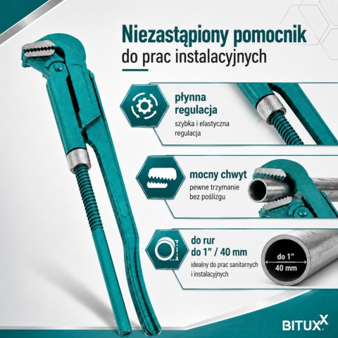 Klucz nastawny szwedzki do rur 1" 90° lekki BITUXX szczęki
