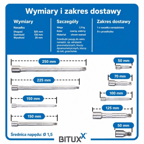 Komplet przedłużek do kluczy nasadowych 1/4 3/8 1/2 cala - 9 sztuk w praktycznym etui