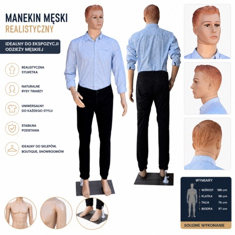 Manekin Męski Pełnopostaciowy na wystawę do sklepu 190cm wysoki stabilny