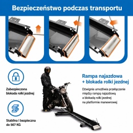 Motocyklowy stojak warsztatowy platforma manewrowa szyna trasportowa