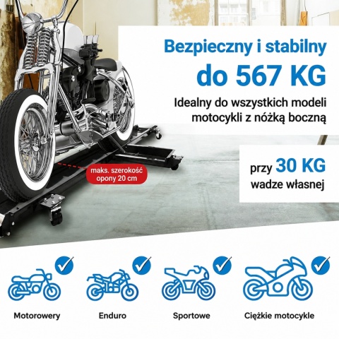 Motocyklowy stojak warsztatowy platforma manewrowa szyna trasportowa