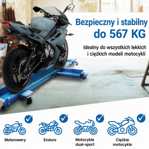 Platforma do manewrowania motocyklem 567 kg z wytrzymałej stalowej bazy solidnej