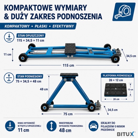 Podnośnik nożycowy BITUXX 2,5T płaska platforma 11-48cm na korbę ręczną