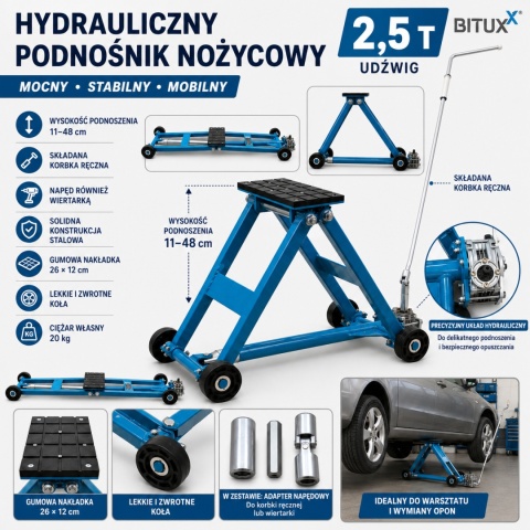 Podnośnik nożycowy BITUXX 2,5T płaska platforma 11-48cm na korbę ręczną