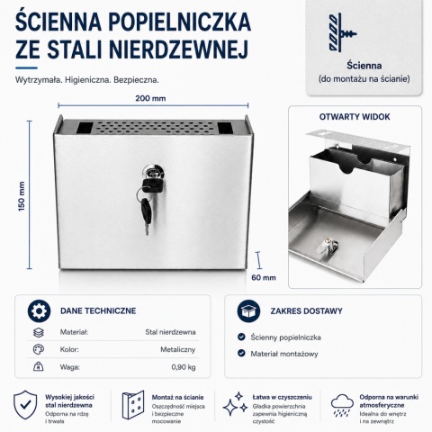 Popielniczka naścienna Popielnica ze stali inox na klucz BITUXX 20cm