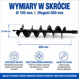 Wiertło glebowe 100 mm 600 mm do wiertnicy świder do ziemi stal solidne ogrodowe