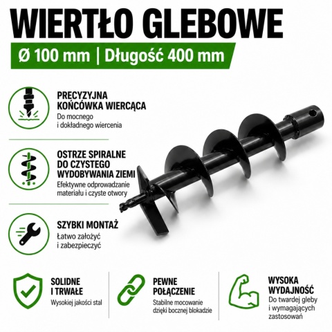 Wiertło glebowe 100 mm 400 mm świder do ziemi wiertnica stalowe do ogrodu trwałe