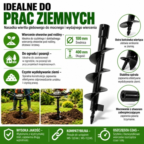 Wiertło glebowe 100 mm 400 mm świder do ziemi wiertnica stalowe do ogrodu trwałe