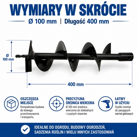 Wiertło glebowe 100 mm 400 mm świder do ziemi wiertnica stalowe do ogrodu trwałe