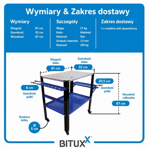 Profesjonalny stół warsztatowy/spawalniczy BITUXX na kółkach o nośności 250 kg - mobilny roboczy do spawania i montażu