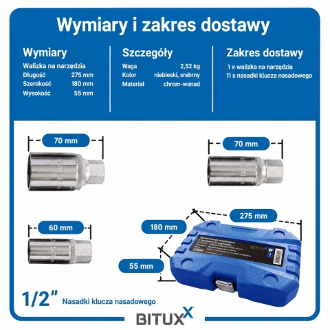 Profesjonalny zestaw wykrętaków do szpilek - BITUXX 11 elementów (napęd 1/2″)