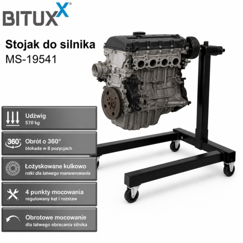 Stojak na silnik 570 kg obrotowy mobilny warsztatowy 4 koła 360°
