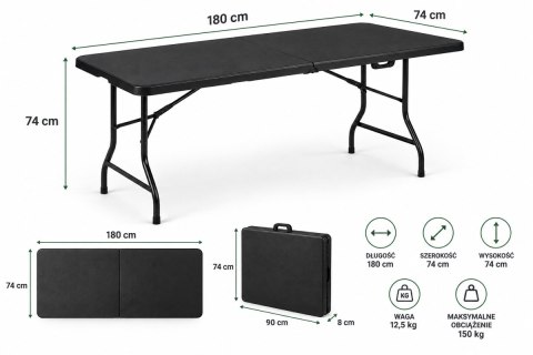 Stół ogrodowy składany 180 cm czarny HDPE walizka kempingowy