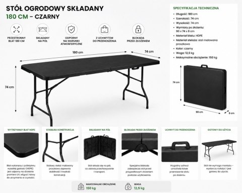 Stół ogrodowy składany 180 cm czarny HDPE walizka kempingowy