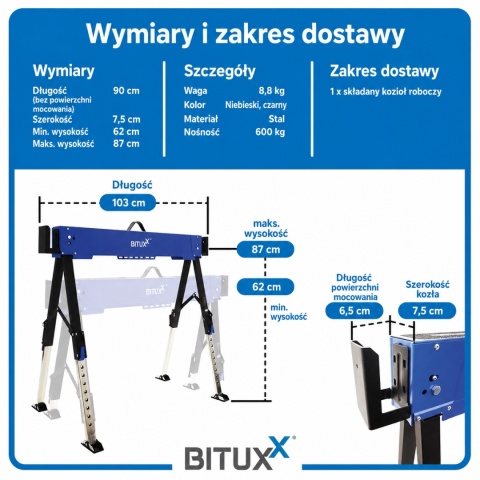 Stół roboczy / kozioł składany regulowany - 600 kg, wysokość 62-87 cm BITUXX