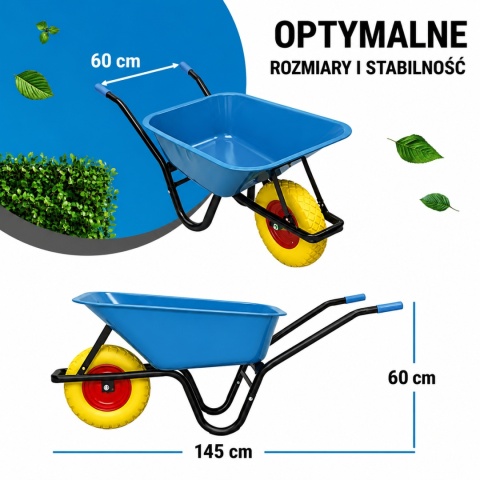 Taczka Ogrodowa Solidna taczka 100L jednokołowa niebieska Mocna 250kg +żółte koło PU