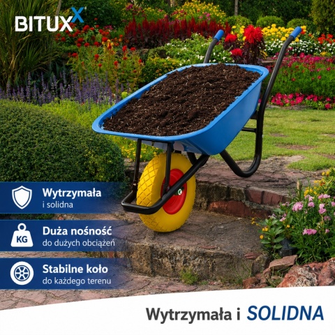 Taczka Ogrodowa Solidna taczka 100L jednokołowa niebieska Mocna 250kg +żółte koło PU