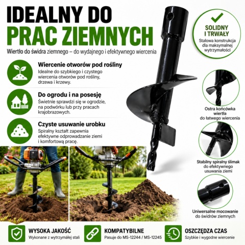 Wiertło do wiertnicy ziemnej 100 mm x 200 mm stalowe do otworów pod słupki działki