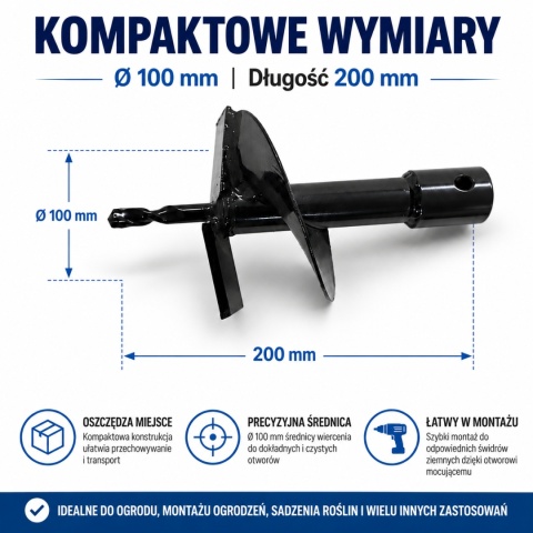 Wiertło do wiertnicy ziemnej 100 mm x 200 mm stalowe do otworów pod słupki działki