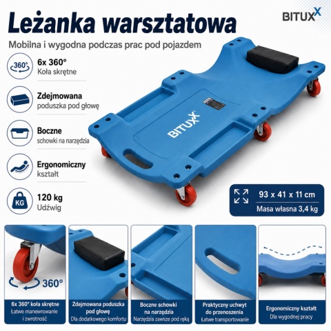 Wózek Leżanka Warsztatowa do garażu/warsztatu z zagłówkiem 6 kółek