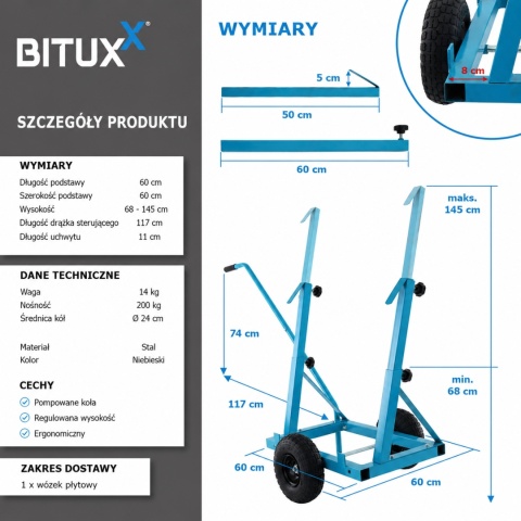 Wózek transportowy do płyt 200kg Bituxx stalowa mocna konstrukcja do transportu